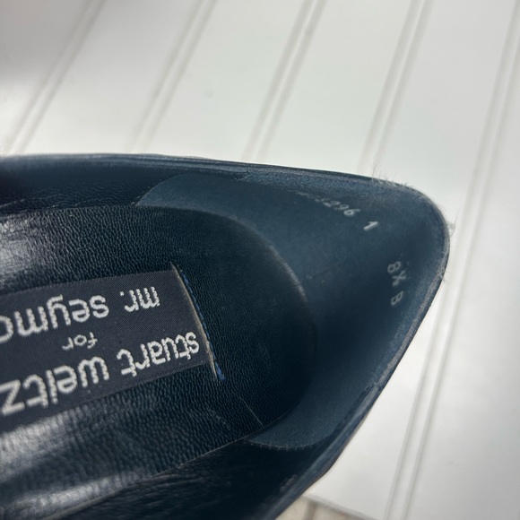 Stuart Weitzman Vintage Mr. Seymour Navy Leather Peep Toe Heels Women’s 8.5B - Picture 5 of 11